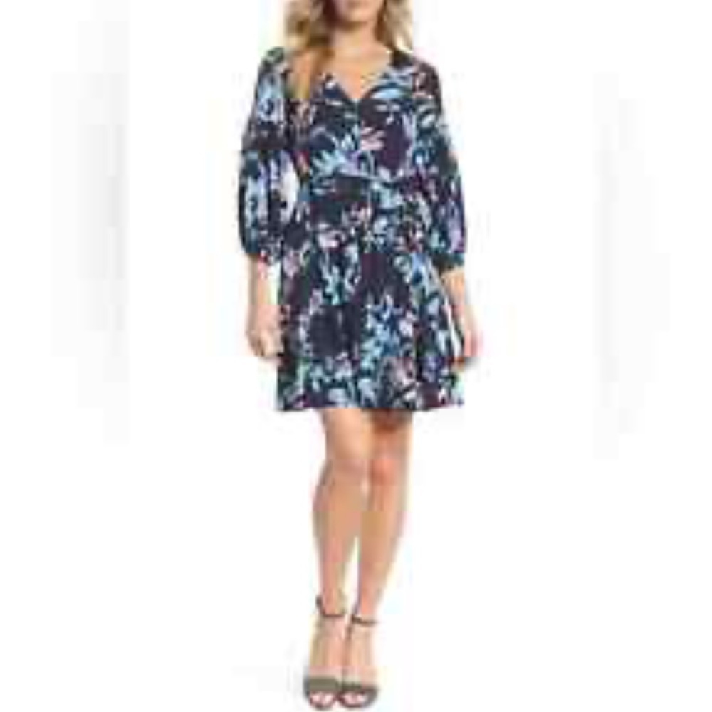 Eliza j navy blue floral print vneck balloons sleeve mini dress size 18